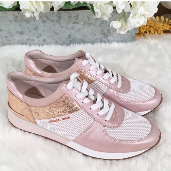 NEW Michael Kors Allie Leather Trainers Rose Gold - Picture 3 of 6